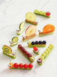 Fun afterschool snack for kids! Like ants on a log but better: cream cheese + kiwi, peanut butter + blueberries, and more.