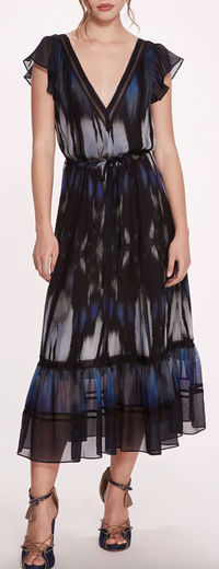 The Abstract Viscose Midi Dress exudes effortless charm with its v-neck design and abstract print on silk viscose fabric. Featuring ruffle sleeves and tiered hem ruffles, it strikes the perfect balance between elegance and modernity. The drawstring waist allows for a customizable fit, while delicate trim details add a touch of sophistication, making it an ideal choice for both casual outings and special occasions.