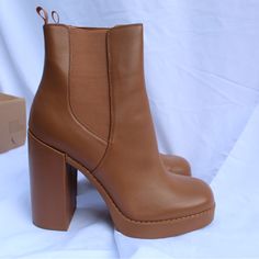 Unworn Tan Booties Size 11 Triple Cognac Steve Madden Chunky Booties Brown Platform Boots With Stacked Heel For Work, Brown Stacked Heel Platform Boots For Work, Brown Stacked Heel Platform Boots For Workwear, Brown High Ankle Heels For Work, Brown Faux Leather Platform Boots For Work, Trendy Brown Platform Boots With Reinforced Heel, Brown High Ankle Platform Boots For Workwear, Chic Brown Platform Boots For Work, Brown Lug Sole Platform Boots For Work