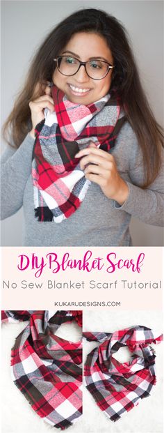 a woman wearing a red and black plaid scarf with text overlay that reads diy blanket scarf no sew blanket scarf