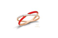 "This minimalist 14k rose gold colorful enamel ring, specially designed with 13 diamonds, is handcrafted. Our unique and dainty diamond criss cross ring, is a real gift for yourself or someone else! Width of band: 1.45MM. Material: 14K solid yellow -, white-, or rosegold. Diamonds: 0.11 ct. White Round Diamond G Color SI-VS Clarity. 100% real,natural and high quality Diamond. It's dainty and can be worn every day. Ready to Ship 3-5 Business Days. All jewelry are handmaded by me. All items are ni Rose Gold Enamel Ring, Red Enamel Elegant Rings, Elegant Red Enamel Ring, Elegant Rose Gold Enamel Rings, Cross Diamond Ring, Criss Cross Ring, Rose Gold Diamond Ring, Gold Diamond Ring, Ladies Diamond Rings