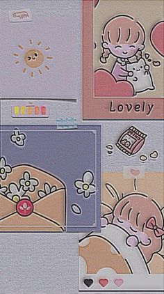 an image of some cartoon characters on a wall with words and pictures above them that say lovely