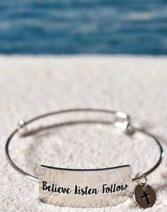 Believe Listen Follow Bangle Bracelet Inspirational Personalized Adjustable Charm Bracelet, Personalized Inspirational Adjustable Charm Bracelet, Inspirational Adjustable Personalized Charm Bracelet, Personalized Adjustable Inspirational Charm Bracelet, Meaningful Adjustable Charm Bracelet, Adjustable Stainless Steel Friendship Charm Bracelet, Adjustable Stainless Steel Charm Bracelet For Friendship, Inspirational Adjustable Hand Stamped Jewelry, Inspirational Hypoallergenic Adjustable Bracelet