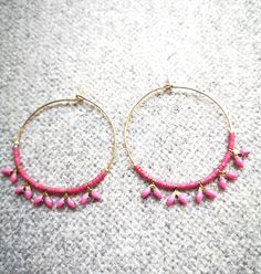 gilded brass creole earrings, embellished with fine Japanese Miyuki rose glass beads, and rose enameled spikes. Diameter of the Creole: 3 cm Nickel free warranty. Jewel delivered in gift pouch. Sending neat by mail tracking Pink Tiny Beads Hoop Earrings, Pink Hoop Beaded Earrings With Tiny Beads, Pink Hoop Earrings With Dangling Beads For Gift, Pink Small Hoop Beaded Earrings As Gift, Pink Hoop Earrings With Tiny Beads As Gift, Pink Hoop Earrings With Tiny Beads For Gift, Pink Jewelry With Gold Beads For Festival, Pink Gold Beaded Jewelry For Festival, Pink Beaded Small Hoop Jewelry