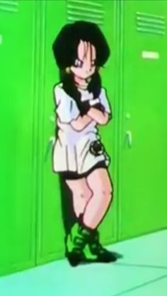 a cartoon character standing in front of lockers with her arms crossed and legs crossed