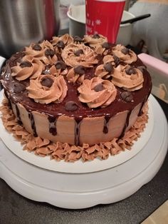 a cake with chocolate frosting and cookies on top sitting on a plate next to a red cup