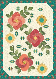 a quilted wall hanging with flowers and leaves on the front, along with a green border