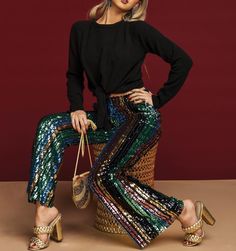 Show Me Your Mumu on Instagram: “SHINE on Mu Years Eve in the Leigh Pants ~ Cocktail Stripe Sequins 🌈✨🥂 #taptoshop” Boho Bell Bottoms, Flowy Clothing, Kitenge Designs, Twisted Skirt, Disco Style, Sequin Pants, Couture Designers, California Style, Show Me Your Mumu