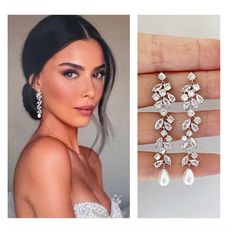 a woman in a wedding dress wearing three pairs of earrings and a photo of her