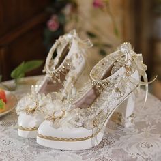 Dainty Wedding Shoes, Heels For Quince, Princess Shoes Heels, Cute Heels Aesthetic, Fantasy Shoes Heels, Ethereal Shoes, White Heels Aesthetic, Cottagecore Heels, Fairytale Heels