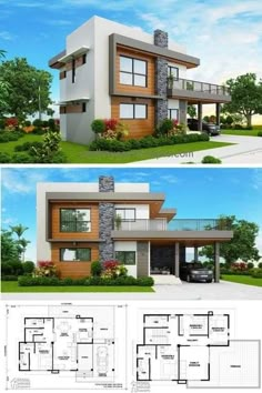 two story house plan with floor plans and elevation views for the front and back of the house