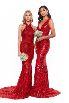 Our Inaya Gown (pictured left) is sure to turn heads at any special event. This stunning high neckline gown is made out of our patterned sequin fabric. It is lined to the hem and the material is super stretchy. There is an exposed back zipper with a long mermaid train. What is a Made-To-Order? This product is a made-to-order item. Made-to-order items are not held in physical stock and production commences AFTER order placement. We try to limit production and stock levels and as such, made-to-ord Red Bridesmaid Dress, Bridesmaid Crown, Sequins Gown, Dream Gown, Red Bridesmaid, Gown Pictures, Sequins Fabric, Sequin Gown, Mermaid Silhouette