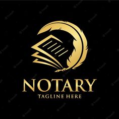 the logo for notary is gold and black with an image of a feather on it