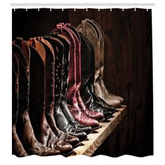 Measurements - 105” wide x 69” long. No liner needed. 14 hooks included. Made in Turkey. Ambesonne | Ambesonne Western Shower Curtain Cowgirl Rodeo brownPolyester | 105" H X 69" W | Wayfair Western Shower, Western Shower Curtain, Rodeo Boots, Rodeo Cowgirl, Boots Patterns, Sheer Curtain Panels, Modern Curtains, Sorel Winter Boot, Western Decor