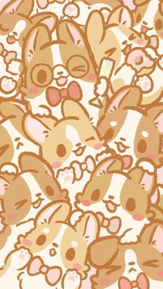 a bunch of small cartoon animals on a white background with pink and brown colors,