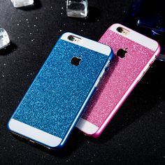 two glitter iphone cases sitting next to each other