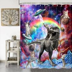 a shower curtain with cats and dinosaurs in space