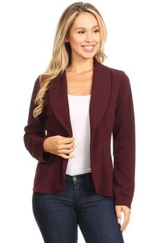 Say hello to your next favorite lightweight blazer! No closure casual jacket that's perfect for a night out or a professional setting. Stylish long sleeve with a solid print and an open front.
Features:

Fabric: 95% Polyester, 5% Spandex
Length: 24"
Bust: 36"
Sleeves: 23" Casual Open Front Blazer For Work, Formal Open Front Cardigan For Fall, Formal Open Front Fall Cardigan, Open Front Formal Outerwear For Fall, Formal Open Front Outerwear For Fall, Casual Fitted Open Front Blazer, Casual Open Front Fitted Blazer, Open Front Fall Blazer For Work, Open Front Blazer For Workwear In Fall