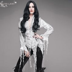 Daily Lace Tassels Sexy Women Long Sleeves Lace Up Printed White Blouse Gothic Top For Costume Party In Fall, Gothic Tops For Costume Party In Fall, Gothic Style Cosplay Top For Fall, Gothic Long Sleeve Tops For Costume Party, Gothic Tops For Fall Costume, Gothic Top For Spring Costume Party, Gothic Spring Top For Costume Party, Gothic Tops For Spring Costume Party, Fitted Gothic Tops