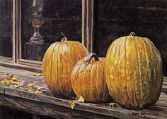 three pumpkins are sitting on a window sill