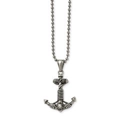 A classic nautical symbol, an anchor with an entwined rope swaying from a 3mm ball chain created from antiqued stainless steel. The pendant is approximately 29mm (1 1/8 inch) in width by 46mm (1 3/4 inches) in length, which includes the chain slide. The ball chain is finished with a fancy lobster clasp and is 24 inches long. Anchor Necklace, Anchor Chain, Stainless Steel Polish, Bow Jewelry, Disc Pendant, Mens Accessories Jewelry, Jewelry Companies, Black Bow, Ball Chain