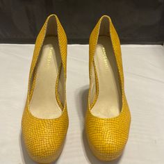 Nwot All Man Made Materials With The Feel Of Real Leather Upper Great Condition 5.25 Inch Block Heel With 1.25 Inch Platform Questions? Leave A Comment Below! Yellow Closed Toe Platform Heels, Yellow Platform High Heels, Yellow Block Heels With Padded Heel, Yellow Heels With Padded Block Heel, Yellow Closed Toe Heels For Formal Occasions, Yellow Closed Toe Heels With Padded Heel, Yellow Synthetic Platform Heels, Formal Yellow Heels With 4-inch Heel, Elegant Yellow Platform Heels