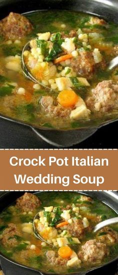 two pictures showing the process of making crock pot italian wedding soup with meatballs and vegetables