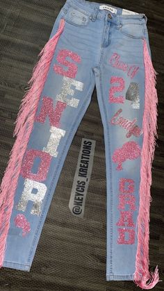 * PICTURES ABOVE IS NOT MY WORK, ALL CREDITS FOR THEM GOES TO @keycis_kreations* These custom jeans are made to order and are not limited to seniors only (also available for birthdays/celebrations). Please be as detailed as possible in the note section as to what design you would like and if you have any inspired pictures, you can upload them using the drag-and-drop method. We only work with NEW and CLEAN jeans. YOU ARE RESPONSIBLE FOR SENDING THE JEANS TO US!! Complete Custom: You can choose a Homecoming Jeans Ideas, Senior Painted Jeans, Senior Year Diy, Senior Year Things, Senior Jeans, Senior Year Fun, Senior Overalls, Senior Photo Outfits, Cute Birthday Outfits