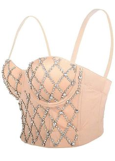 Do the most in this trendy crystal bustier crop top! This beautiful rhinestone-embellished bustier bra features a rhinestone detailed pattern, sweetheart neckline, adjustable, detachable shoulder straps, a row of hidden hook back closures, and built-in padded bra. Spaghetti Strap Rhinestone Crystals Comfortable Adjustable straps Bra Padding Snap Closure Material: 69% Cotton, 29% Polyester Care: Hand wash only. Do not soak XOBPCC-AIL-NA Recommended measurements: 34B: under bust 26-28 in, bust 31- Crystal Corset, Rhinestone Bustier, Denim Rhinestone, Rave Babe, Corset Bra, Top Bra, Club Parties, Club Party, Womens Bras