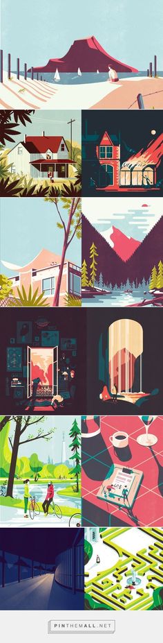 four different views of houses and trees with mountains in the background