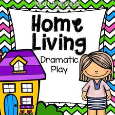 a girl standing in front of a sign that says home living dramatic play