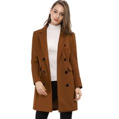 We love the simple ease of finely structured pieces, especially when they are beautiful and chic as this coat.Featuring a longline silhouette, this streamlined piece features a notched lapel, a double-breasted front, two flap pockets, a vented back and long sleeves w buttons decor.Please check your measurements to make sure the item fits before ordering. Size: large. Color: dark brown. Gender: female. Age Group: adult. Pattern: Solid. Material: Polyester. Fall Double-breasted Wool Coat With Double Button, Double-breasted Wool Coat With Buttons For Spring, Spring Double-breasted Wool Coat With Buttons, Office Outerwear With Double Button Closure And Long Sleeves, Classic Fall Pea Coat In Solid Color, Office Outerwear With Long Sleeves And Double Button Closure, Classic Solid Color Pea Coat For Fall, Classic Solid Color Fall Pea Coat, Brown Double-breasted Blazer For Fall