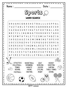 the sports word search is shown in this printable activity sheet for kids to practice their spelling