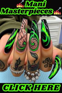 Alt Nail Ideas, Beetlejuice Nails Acrylic, Beetlejuice Merch, Beetlejuice Nail Designs, Manicure Design Ideas, Green Nail Art Ideas, Halloween Nail Ideas, Horror Nails, Holloween Nails