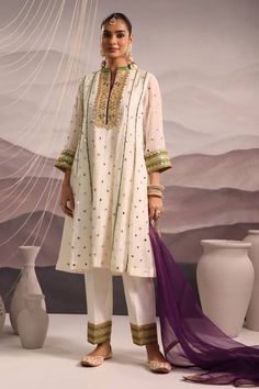 Buy Off White Chanderi Embroidered Mirror Notched Rano Work Kurta Pant Set For Women by OMI Online at Aza Fashions in US