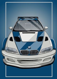 the front end of a blue and white car with a square frame in the background