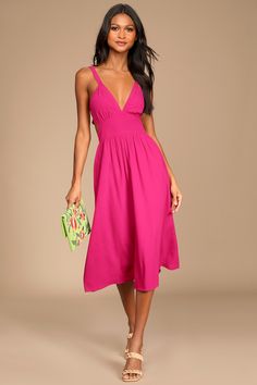 Magenta Midi Dress - Tie-Back Dress - Midi Dress with Pockets - Lulus Magenta Midi Dress, Unlined A-line Midi Dress For Summer, Summer Midi Dress Lined And Mid-length, Lined Midi Dress For Summer, Lined Summer Midi Dress, Lined Mid-length Midi Summer Dress, A-line Rayon Dress For Vacation, Mid-length Lined Summer Dress, Summer Knee-length Lined Midi Dress