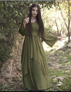 7 Green Fantasy Dress, Maxi Dress Layered, Single Pictures, Maxi Dress Layering, Celtic Dress, Elven Dress, Viking Dress, Dress Layered, Boho Dresses Long