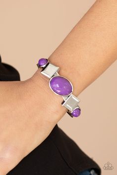 ABSTRACT APPEAL - PURPLE Vivacious purple oval beads and antiqued silver square frames are pressed into the textured front of a cuff-like bangle, creating a colorful pop of color around the wrist. Features a hinged closure. Sold as one individual bracelet. P9WH-PRXX-214XX ORDERED 12 AUG 20 Hinge Bracelet, Abstract Jewelry, Purple Bracelet, Oval Beads, Purple Abstract, Hinged Bracelet, Paparazzi Accessories, Paparazzi Jewelry, Boutique Jewelry