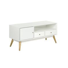 a white tv stand with two drawers on one side and an open drawer on the other