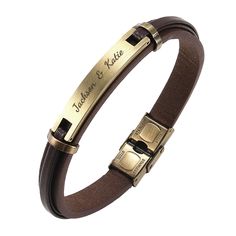 PRICES MAY VARY. Customized in USA. Create your unique personal leather bracelet using your custom text. It is a sentimental gift and perfect for any occasions. Premium stainless steel - durable, never rust, anti-corrosive, never turn skin green, hypoallergenic, and nickel free. 18k Real Antique Gold IP Plated Tone. High quality material with exceptional craftmanship- Top Grain Leather bangle with soft, smooth texture and sturdy built quality. Leather Color: Brown. Center metal plate for text en Personalized Brown Leather Bracelet For Everyday, Personalized Brown Leather Bracelet For Father's Day, Personalized Adjustable Leather Bracelet For Father's Day, Personalized Leather Bracelet For Friendship, Adjustable Leather Bracelet With Engraving Option, Adjustable Brown Wristband For Father's Day, Customizable Adjustable Gold Wristband, Adjustable Gold Leather Bracelet For Father's Day, Personalized Wristband Gift