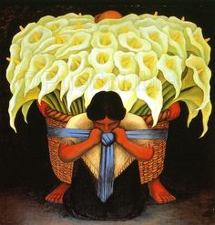 a painting of a woman holding a basket with flowers in it