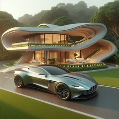 a futuristic car is parked in front of a large house with spirally curved windows