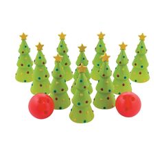 a group of plastic christmas trees with stars and balls in front of eachother