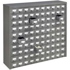 a large gray drawer with many drawers on the front and bottom, all filled with plastic bins