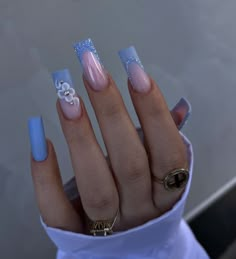 ig: @rrilinails 3-31-23 Square Acrylic Nails Spring Designs, Square Nails With Jewels, Summer Nails Blue, Glitter Nail Ideas, Baby Blue Acrylic Nails, Hoco Nails, Baby Blue Nails, Plain Nails, Blue Acrylic Nails