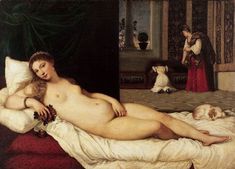 a painting of a naked woman laying on a bed next to a teddy bear and other figures