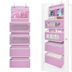 an open closet with pink drawers and white doors on the front, inside and outside