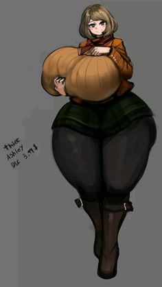 a drawing of a woman in tights and boots holding a large pumpkin on her back