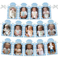 a bunch of baby pictures hanging on a clothes line with the names of babies in them